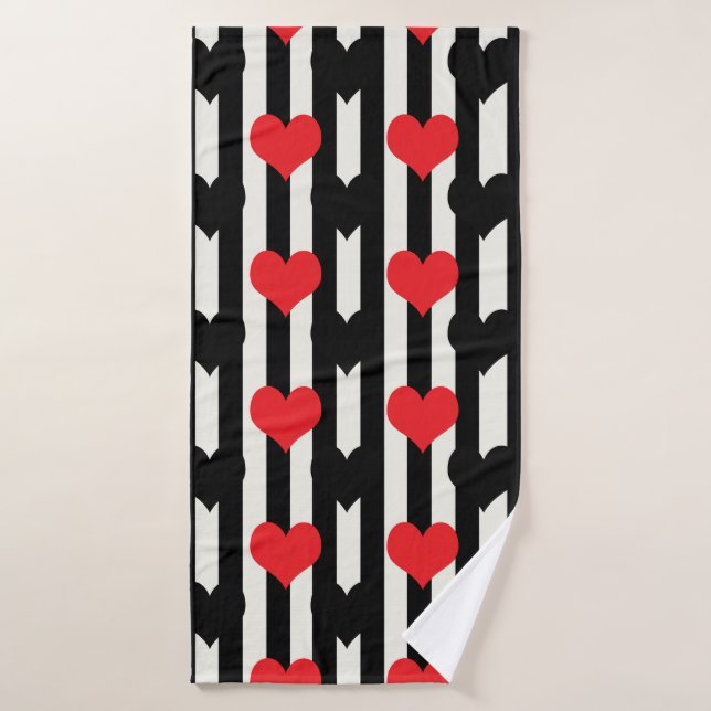 Rouge rayé Noir Amour Coeur Motif Design (Serviette de bain)