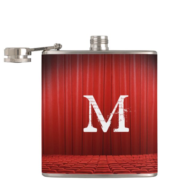 Rouge Rideau Théâtre Monogramme Whiskey Flacon (Ouvert)
