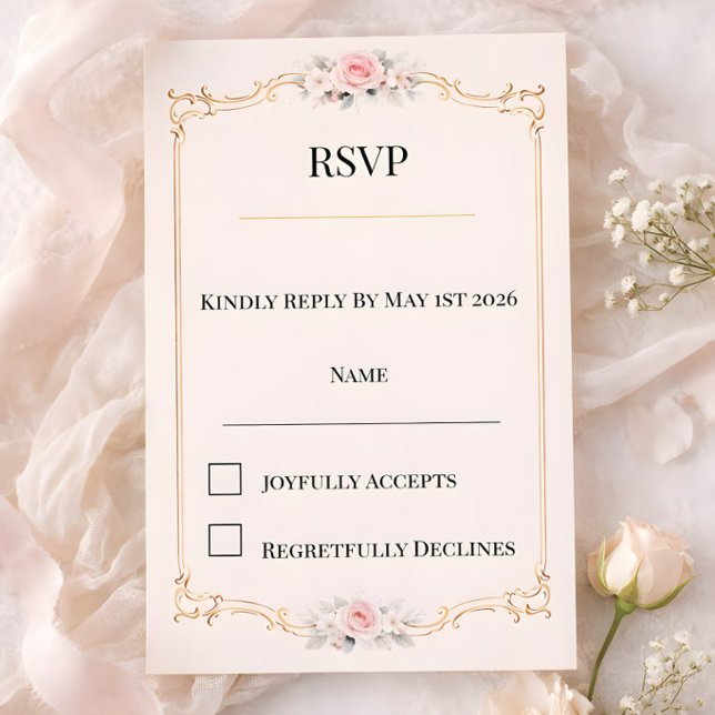 Rouge Rococo (Rococco style luxury blush pink with gold ornate floral design RSVP card)