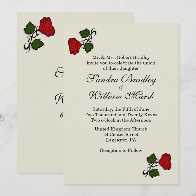 Rouge Rose crème Faire-part de mariage classique (Devant / Derrière)