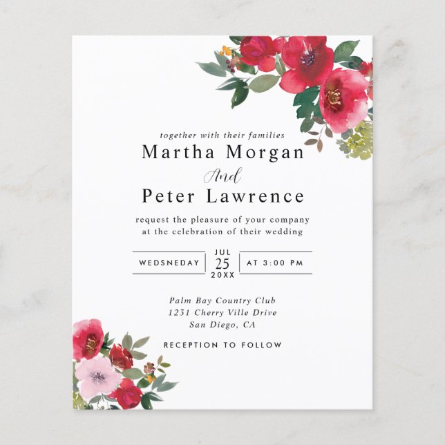 Rouge & rose floral Faire-part de mariage vert (Devant)