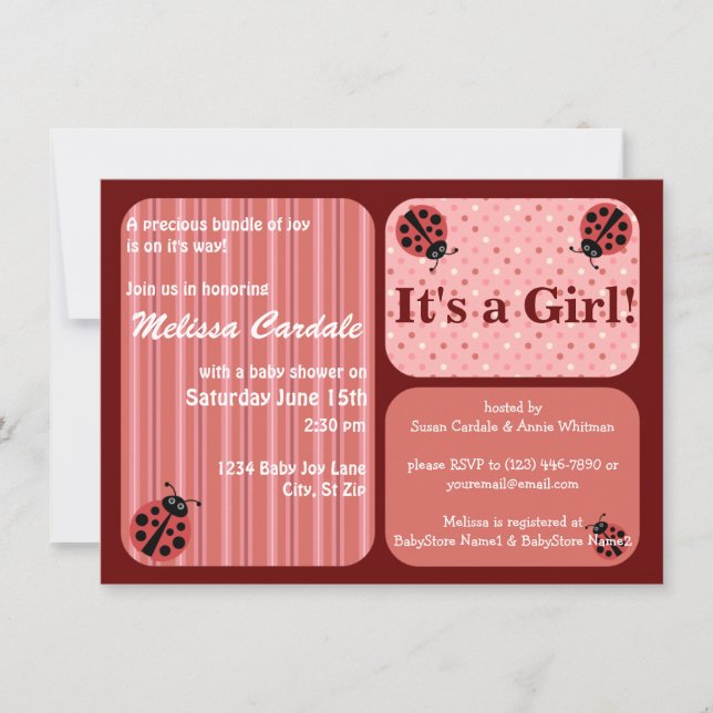 Rouge rose Ladybug Baby Shower Invitations Fille (Devant)