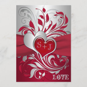 Rouge, rouleaux argentés, faire-part de mariage de
