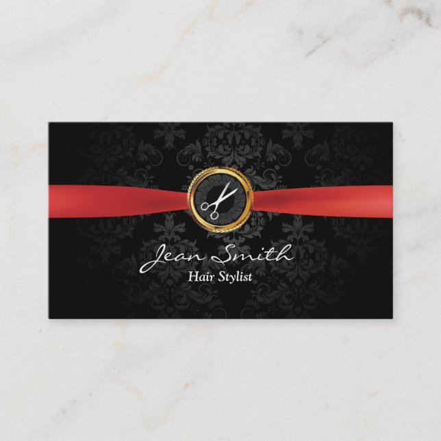 Rouge Ruban Dark Damask Carte de visite de la list (Devant)
