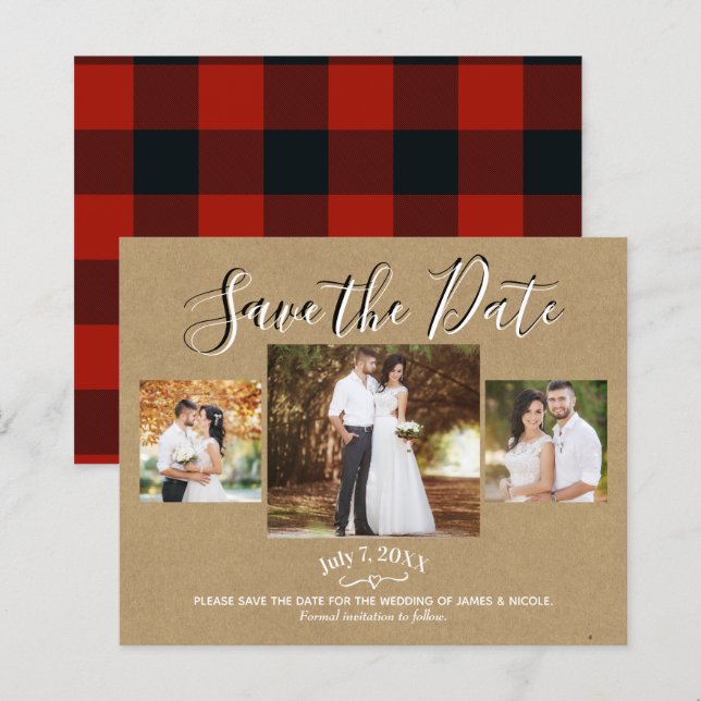Rouge Rustique Kraft Buffalo Plaid Photo Save the  (Devant / Derrière)