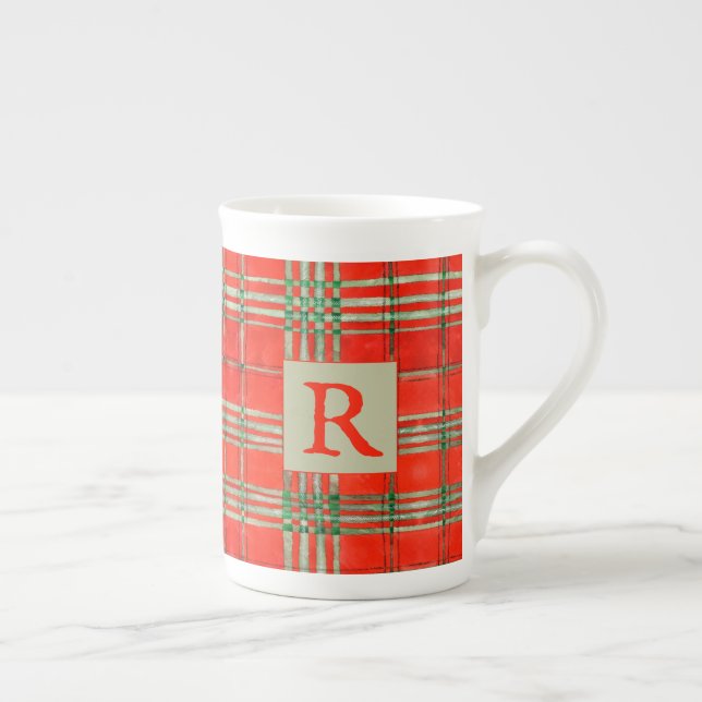 ROUGE SCOTT TARTAN os Chine Mug + Initiale (Droite)