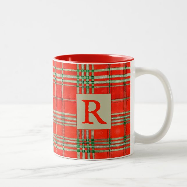 ROUGE SCOTT TARTAN rouge Mug à deux tons + initial (Droit)