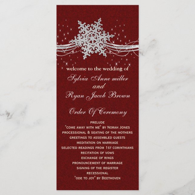 rouge Silver Snowflakes programmes de mariage long (Devant)