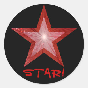 Rouge Star 'STAR!' autocollant rond noir