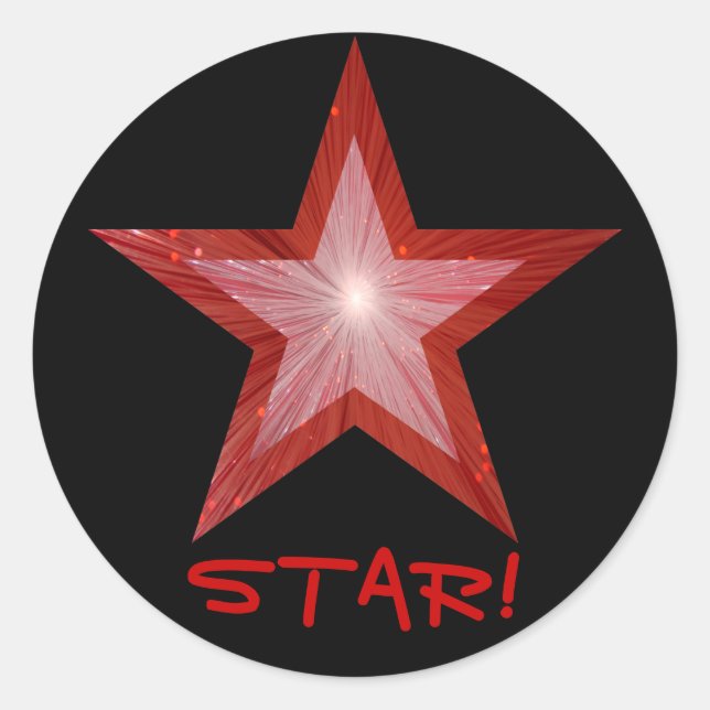 Rouge Star 'STAR!' autocollant rond noir (Devant)