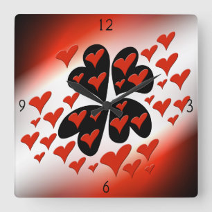 Rouge sur Coeurs noirs Carré Horloge murale