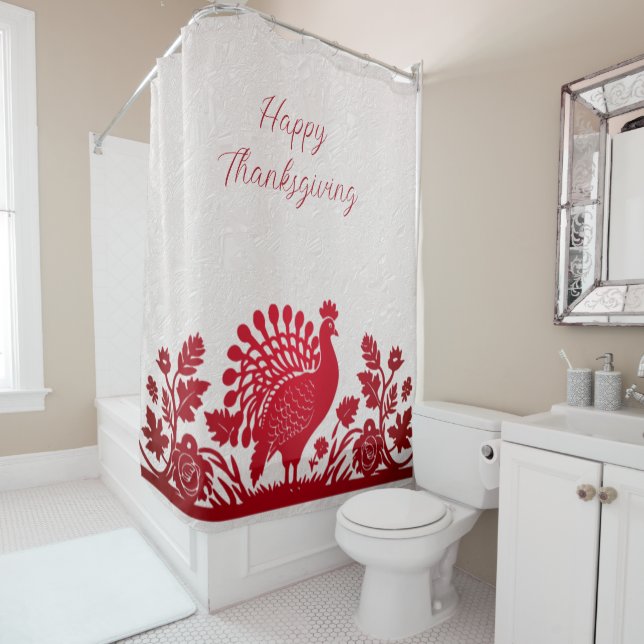 Rouge Thanksgiving Turquie Floral Douche rideau (En situation)