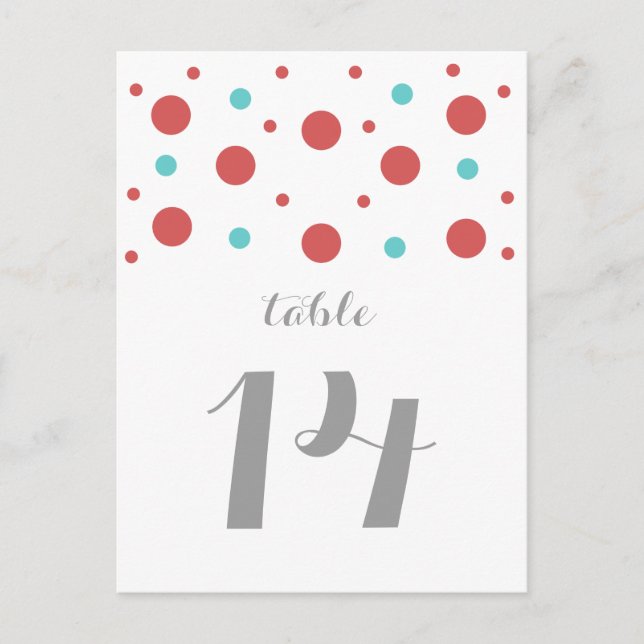 Rouge Turquoise Confetti Numéro de table Carte pos (Devant)