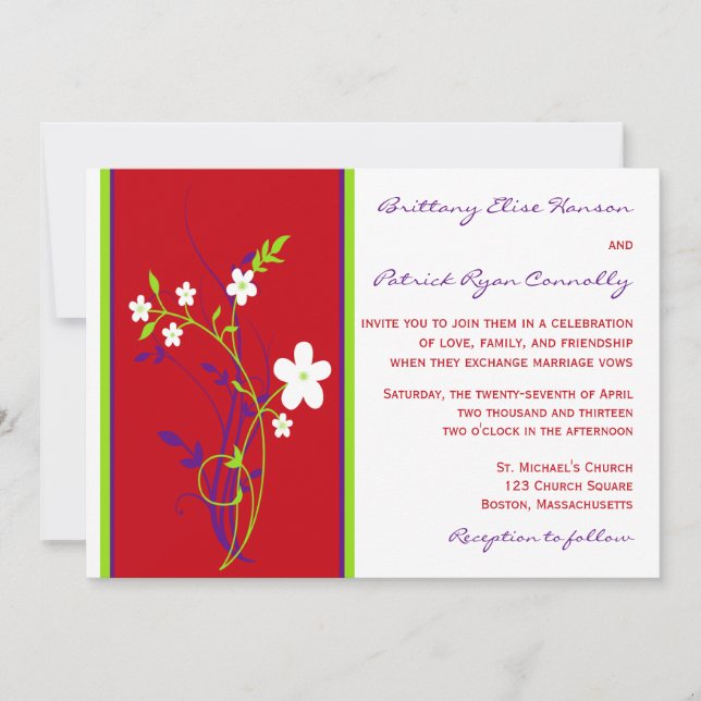 Rouge, violet, chaux, Faire-part de mariage floral (Devant)
