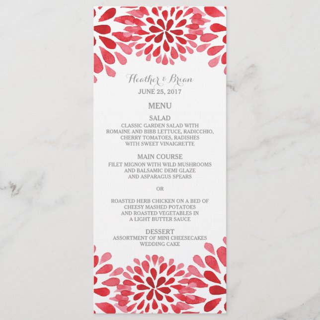 Rouge Watercolor Chrysanthemum Menu Mariage (Devant)