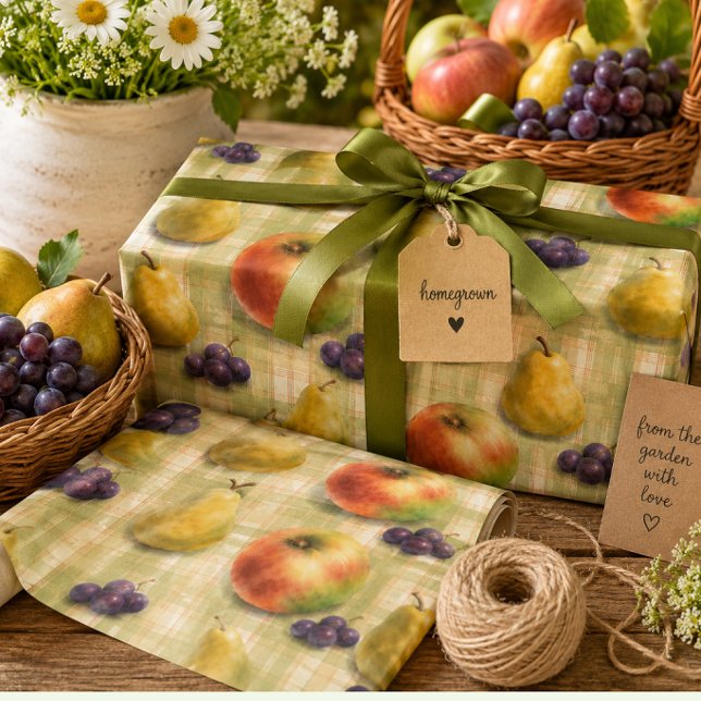 Rouleau de papier cadeau de récolte de verger (Orchard harvest gift wrap for homemade gifts, preserves, baking, and kitchen gifting.)