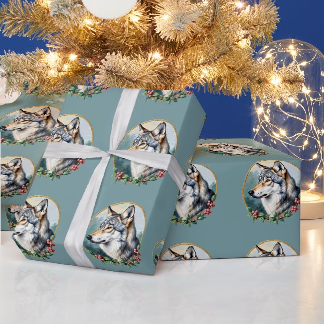 Rouleau de papier cadeau Loup d'art populaire Bleu (Vacances)