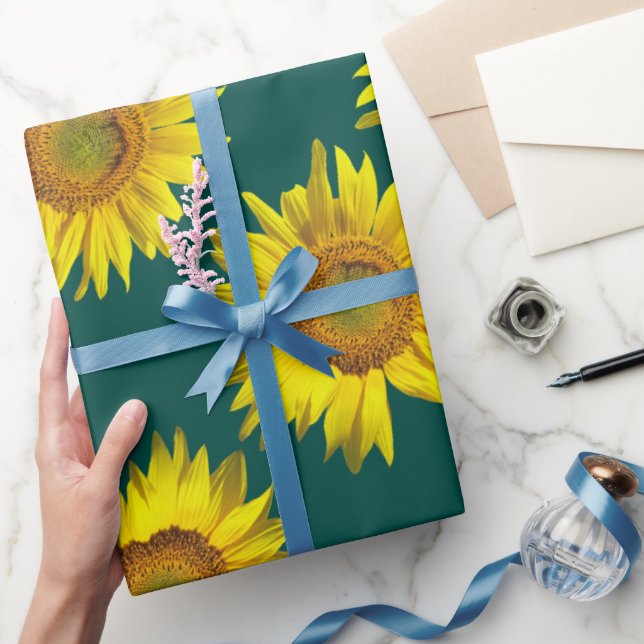 Rouleau de papier cadeau motif tournesol sarcelle (Cadeaux)