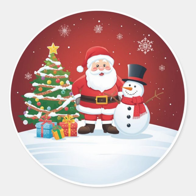 Round Christmas Sticker - Santa, Snowman & Tree  (Devant)
