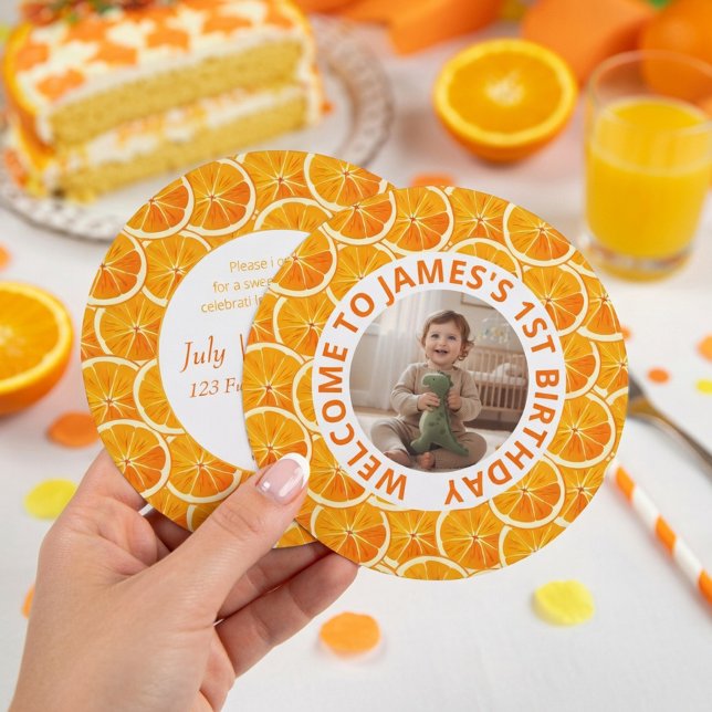 Round Custom Photo & Citrus Birthday Invitation (Créateur téléchargé)