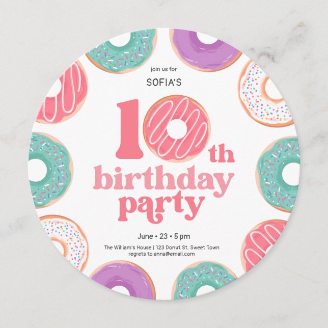 Round Donut Party Girl 10th Birthday Invitation (Devant)