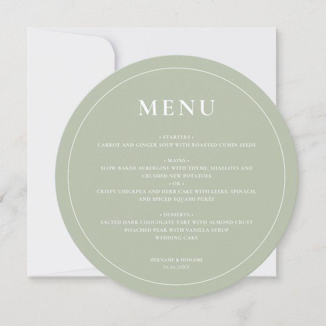Round Modern Simple Sage Green Mariage Menu (Devant)