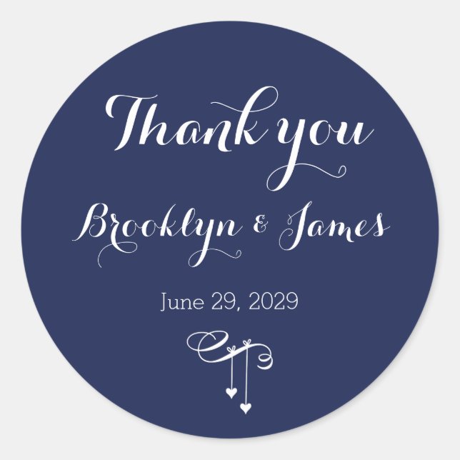 Round Navy Blue Wedding Stickers With White Hearts (Devant)