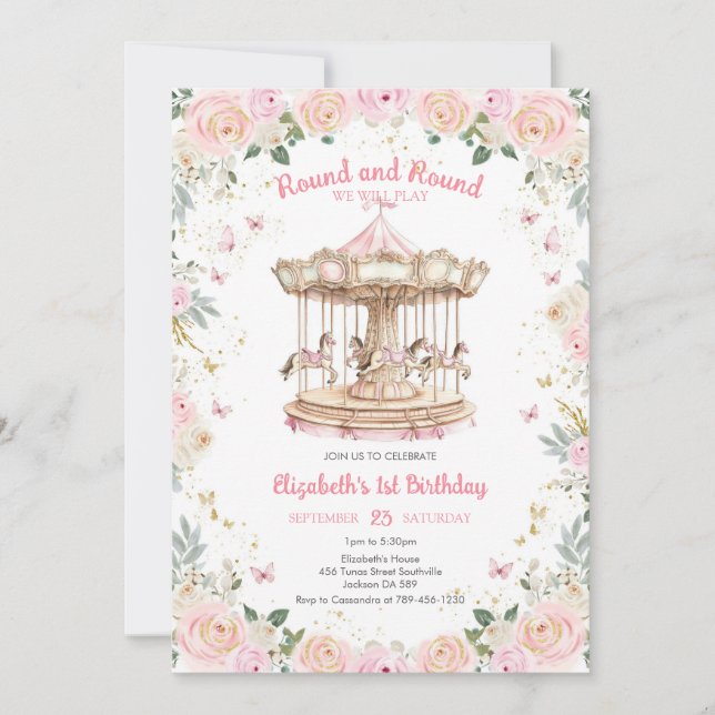 Round & Round Floral Carousel Birthday Invitation (Devant)