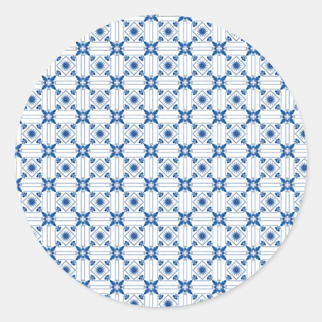 Round sticker with intricate blue and white  (Devant)