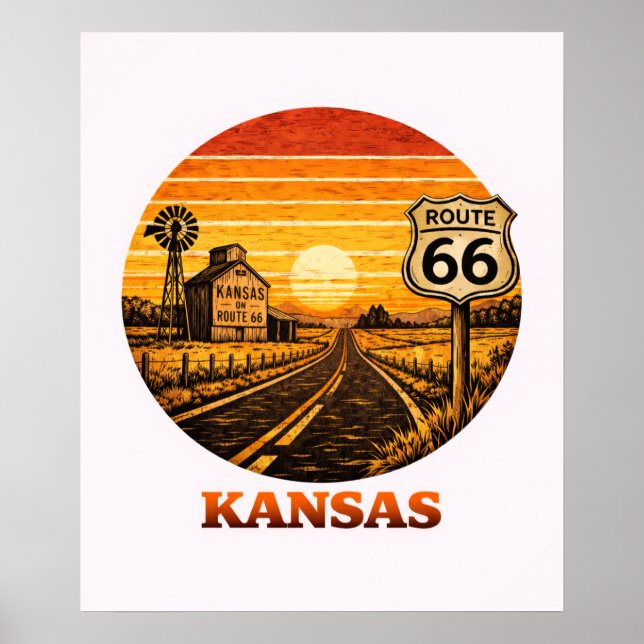 Route 66 Kansas Affiche de l'État de la Tournesol (Devant)