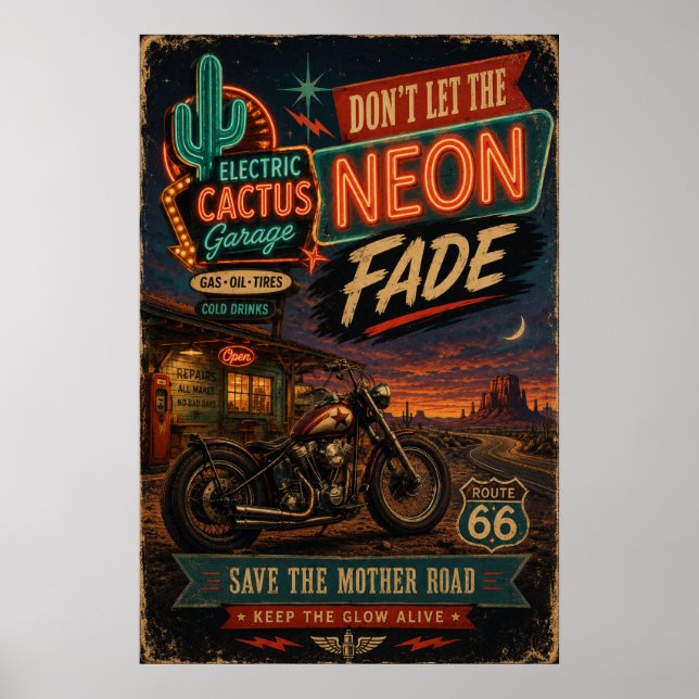 Route 66 Neon Fade Garage Art Mural Americana (Devant)