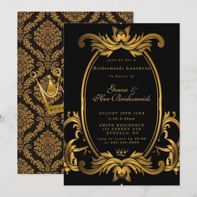 Royal Black Gold Bridesmaitres déjeuner Invitation (Devant / Derrière)