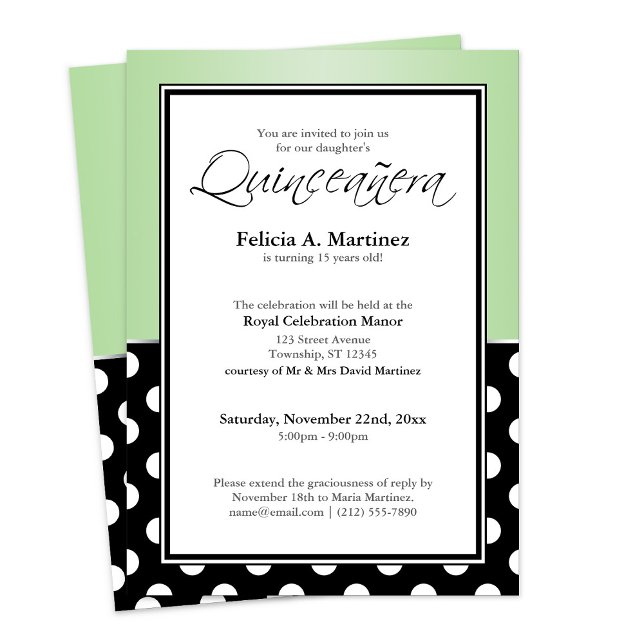 Royal Black Polka Dot Green Quinceañera Invitation (Royal Black Polka Dot Green Quinceanera Invitation at Quinceanera Event on Zazzle.)