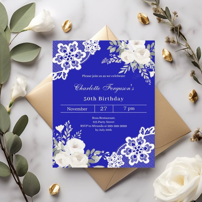 Royal bleu blanc roses dentelle d'anniversaire (Créateur téléchargé)