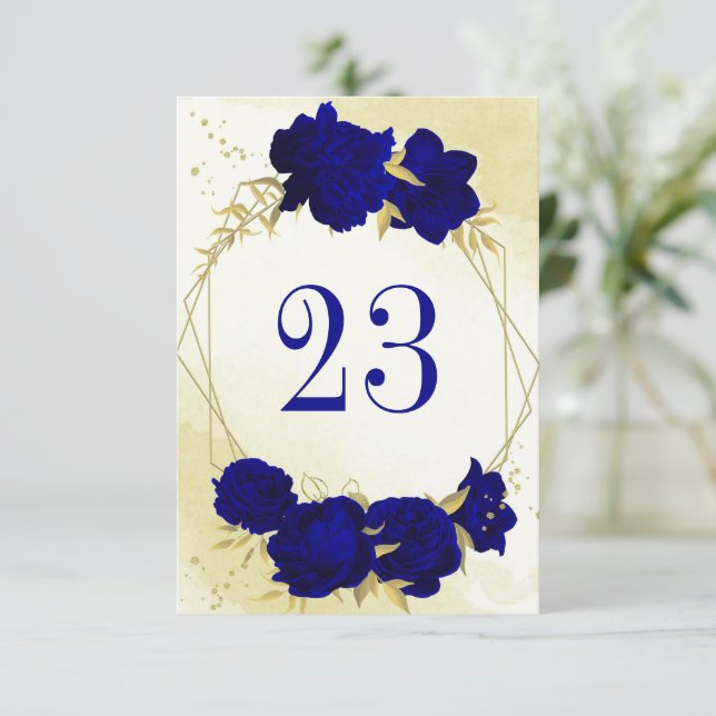 Royal bleu fleurs or feuille numéro de table (Debout devant)