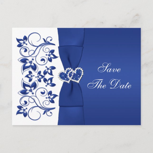 Royal Bleu, Floral Blanc Enregistrer La Date Carte (Devant)