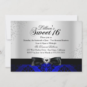 Royal Bleu Noir Damas Sparkle Sweet 16 Invitation