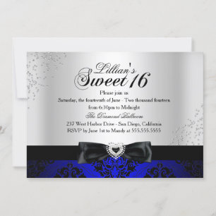 Royal Bleu Noir Damas Sparkle Sweet 16 Invitation