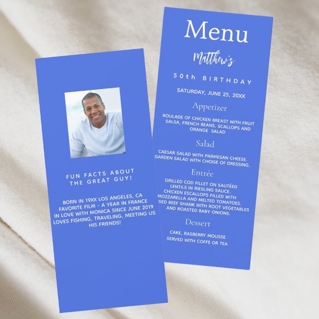 Royal bleu photo amusement faits carte de menu d'a (Créateur téléchargé)
