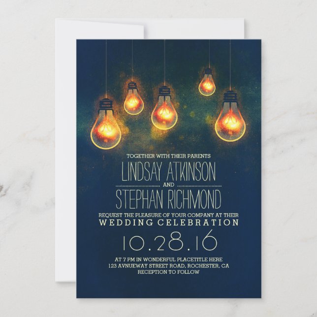 royal bleu rustique lumières mariage invitations (Devant)