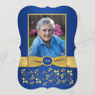 Royal Blue and Gold 75th Photo Birthday Invitation