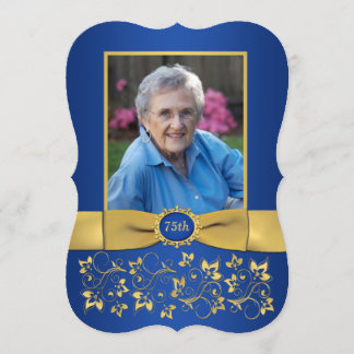 Royal Blue and Gold 75th Photo Birthday Invitation