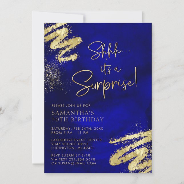 Royal Blue and Gold Surprise Invitation d'annivers (Devant)