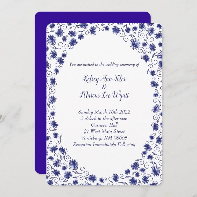 Royal Blue Aster Flower Wedding Invitations (Devant / Derrière)