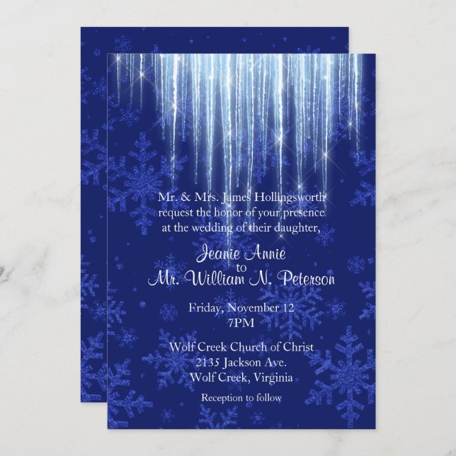 Royal Blue avec Icicles Hiver Mariage Invitation (Devant / Derrière)