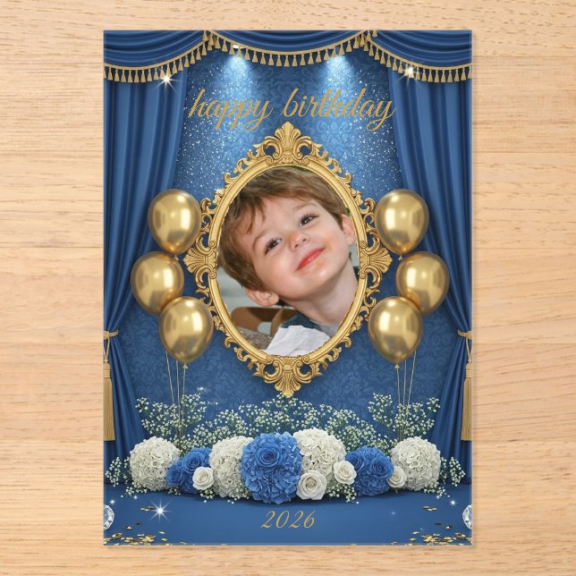 Royal Blue Birthday Photo Invitation for Boy (Recto)