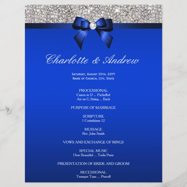 Royal Blue Bow Silver Sequins Programme de mariage (Devant)
