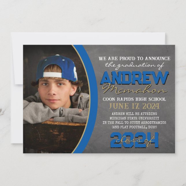 Royal Blue & Bronze Chalkboard Grad Faire-part (Devant)