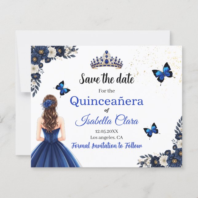Royal Blue Butterfly Quinceañera Save the Date (Devant)