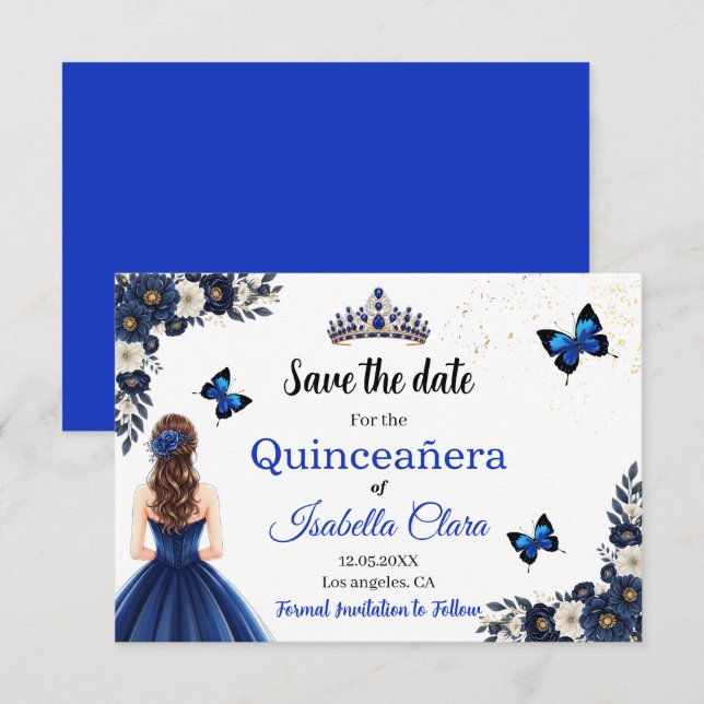 Royal Blue Butterfly Quinceañera Save the Date (Devant / Derrière)